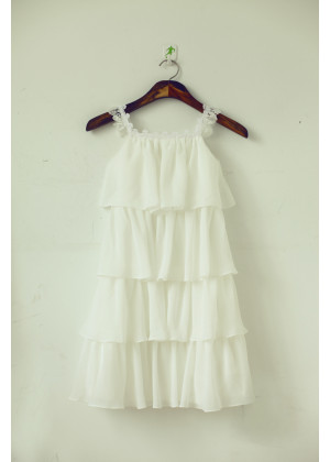 Ivory Chiffon Lace Trim Tiered Flower Girl Dress